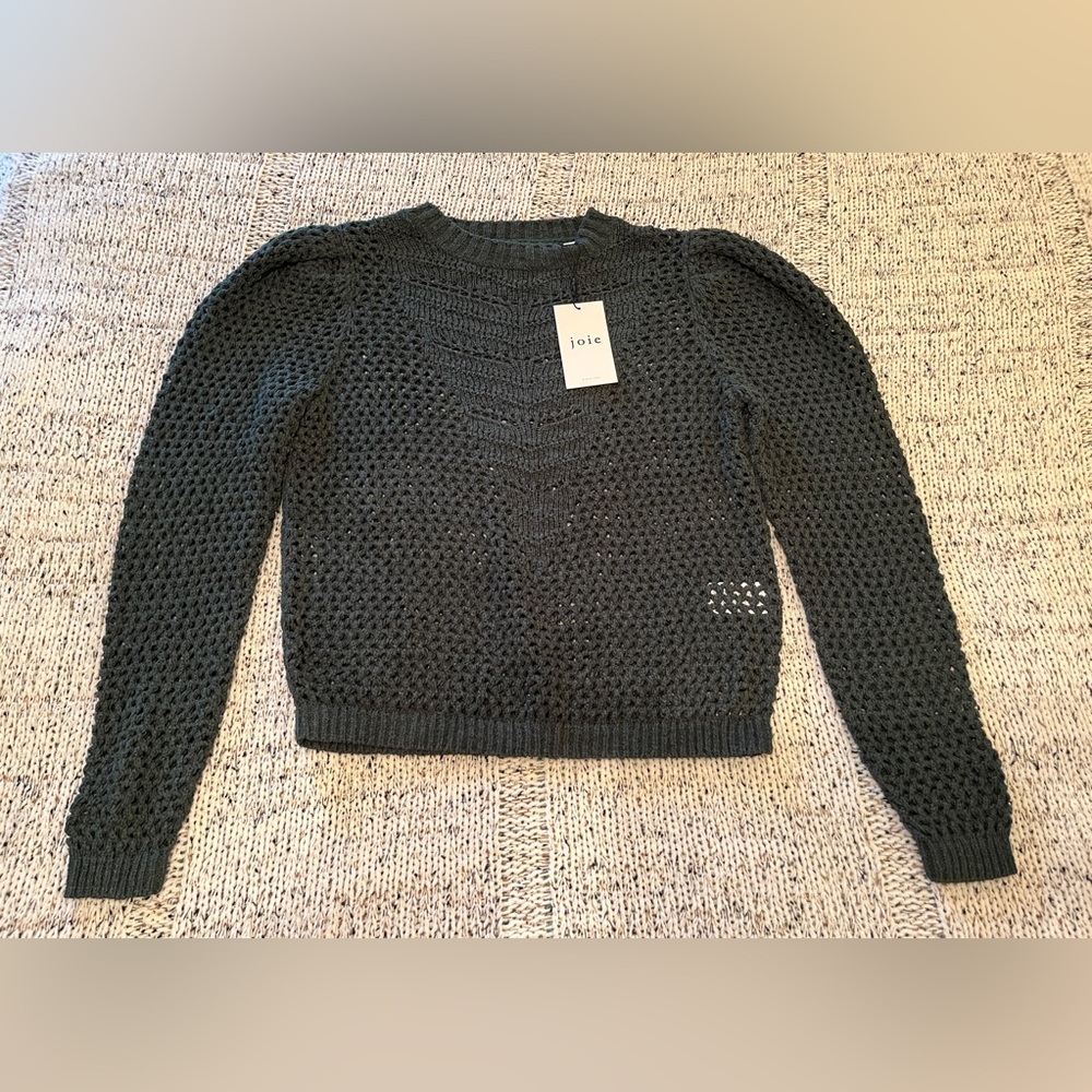 Joie Lala Puff Sleeve Crochet Open Knit Sweater in Jungle Green, Size S, NWOT